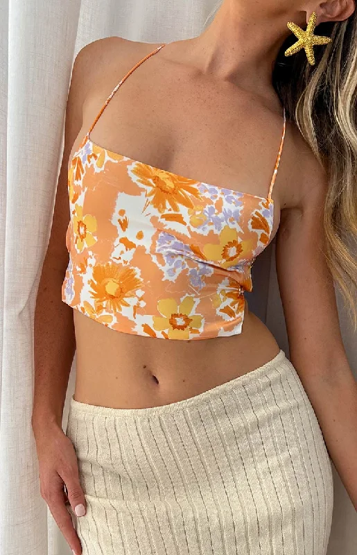 Ebony Orange Floral Crop Top Polished Women's Silk
