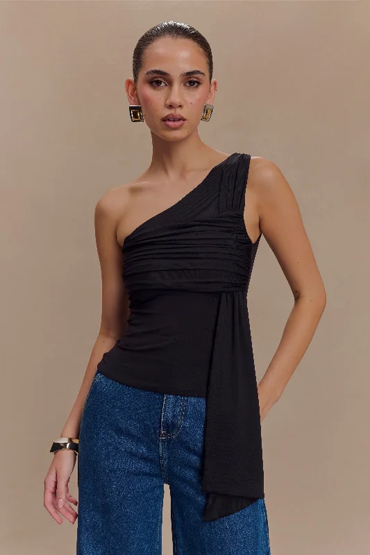 Sera One Shoulder Recycled Nylon Top With Drape - Black Hip Women's Urban