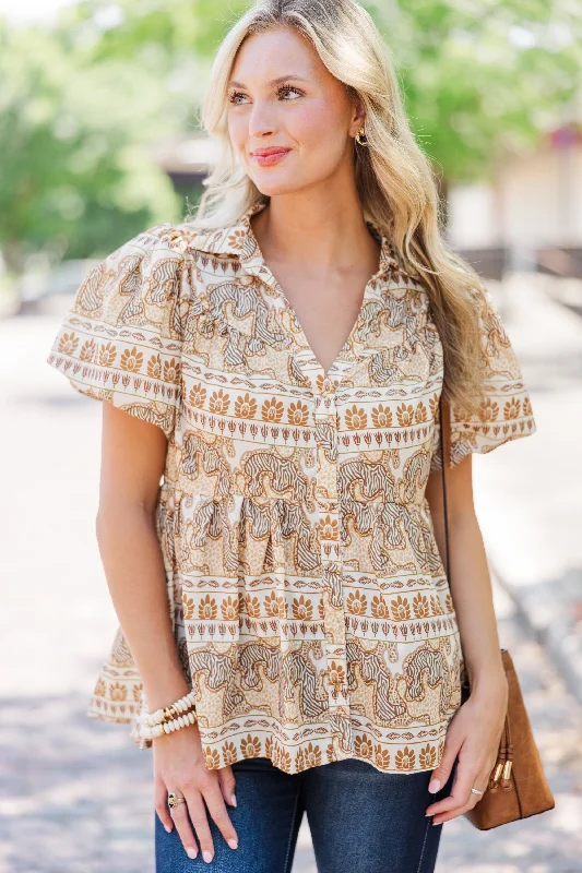 In This Place Taupe Brown Printed Blouse Athletic Women's High - 