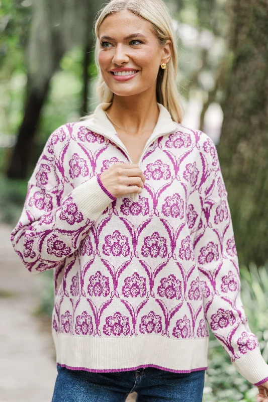 Cross Your Mind Magenta Printed Pullover Sweater Cozy Women's Sherpa - lined