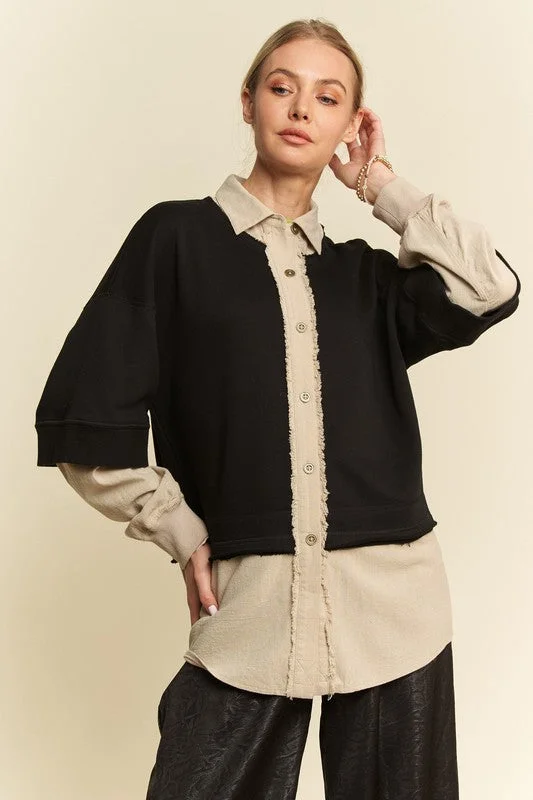 Davi & Dani Faux Layered French Terry Contrast Top Casual Women's Loose - fitting