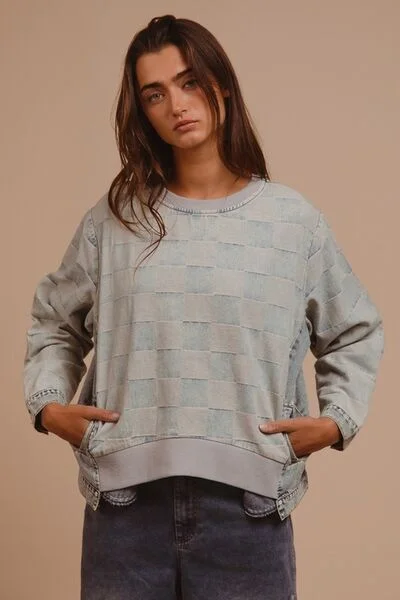 Mineral Washed Checkered Round Neck Denim Top Cool Women's Skate