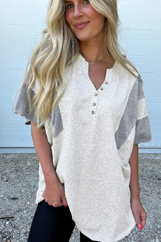 Two Tone Contrast Waffle Knit Patched Buttoned V Neck Top Confident Women's High - fashion