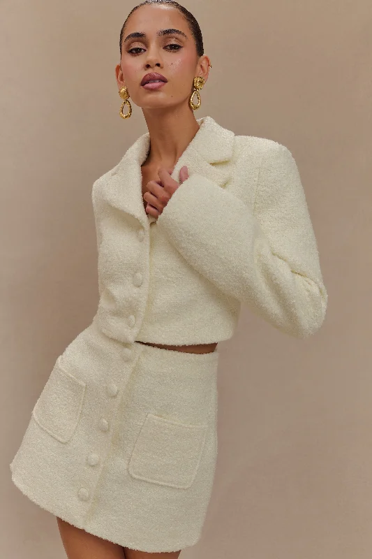 Mirelle Textured Boucle Cropped Long Sleeve Top - Ivory Unique Women's Upcycled