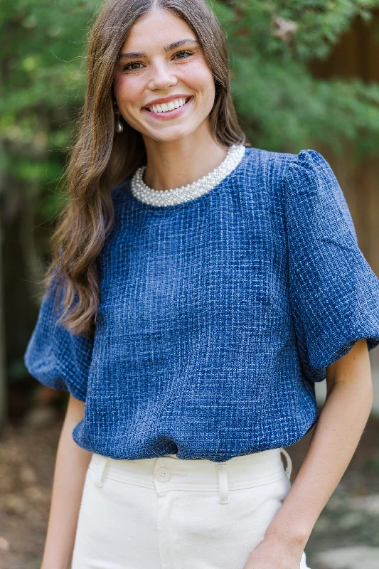 Calling On You Navy Blue Tweed Blouse Modern Women's 