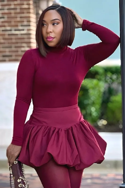 Debra Pretty Basic Long Sleeve Mock Neck Mesh Top -Burgundy Confident Women's Power