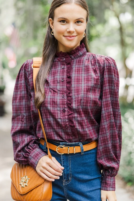 Leave It All Behind Wine Red Plaid Blouse Preppy Women's College