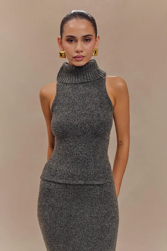 Elise Roll Neck Knit Top - Charcoal Marle Feminine Women's Style 