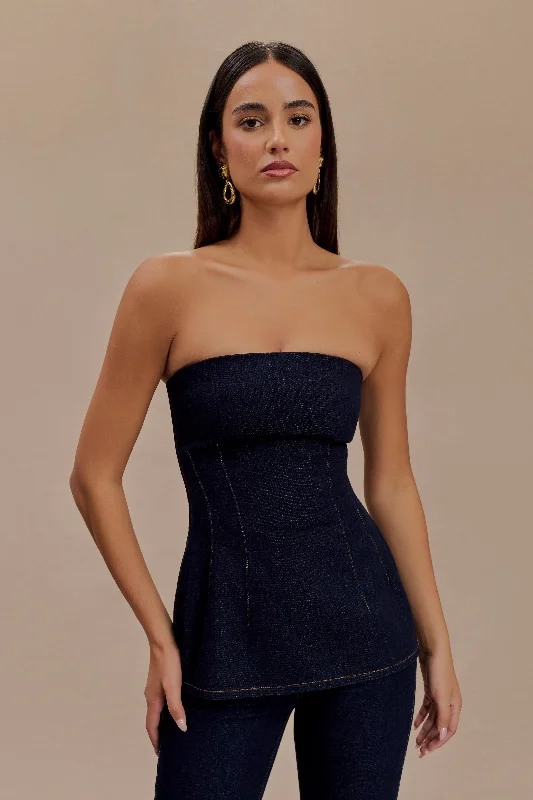 Madelyn Strapless Longline Denim Top - Indigo Blue Stylish Women's Neon