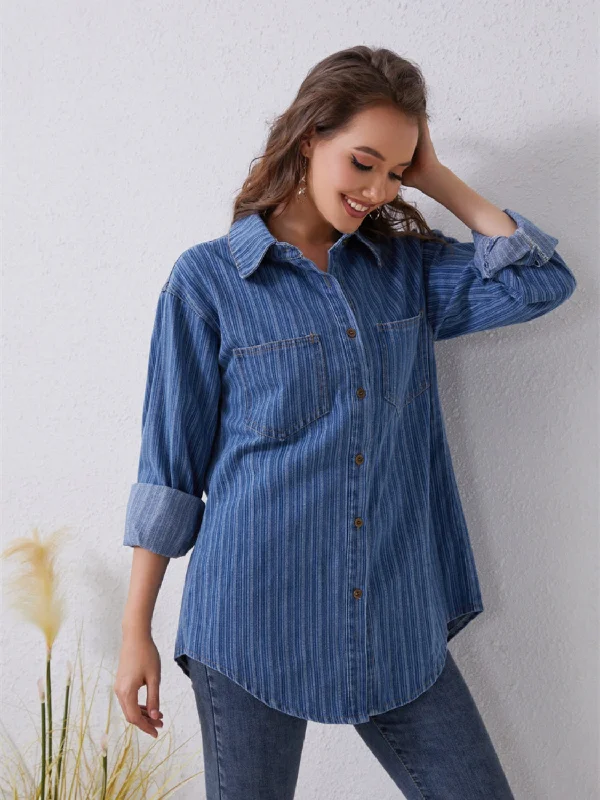 Pocketed Striped Button Up Denim Shirt British Gentlewoman Style