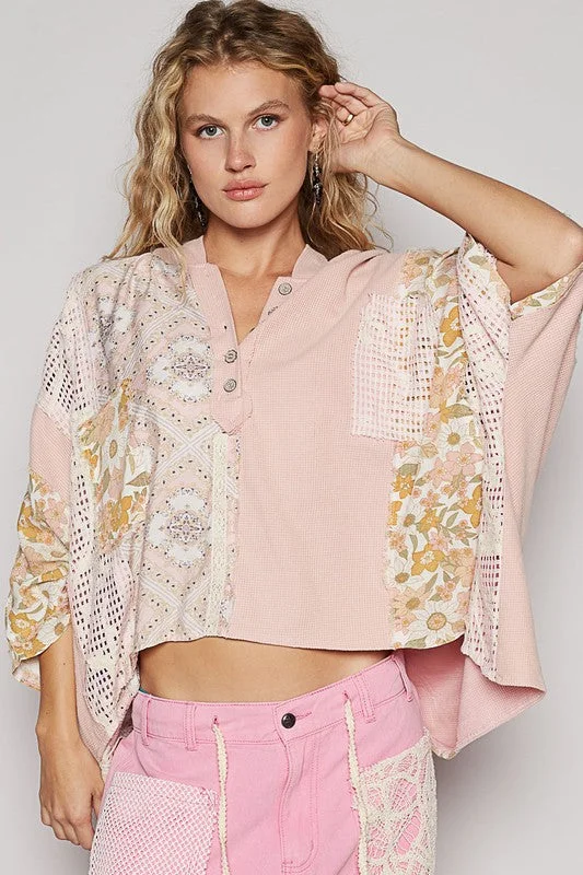 Crochet Patch Lace Detail Button Detail Floral Hooded Top Sporty Women's Athleisure 