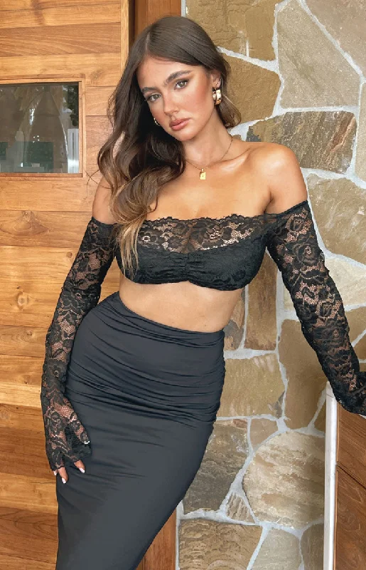 Beatrix Black Lace Long Sleeve Crop Top Stylish Women's Tropical 
