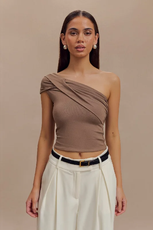 Solene One Shoulder Recycled Nylon Twist Top - Smoke Sporty Women's Athleisure 