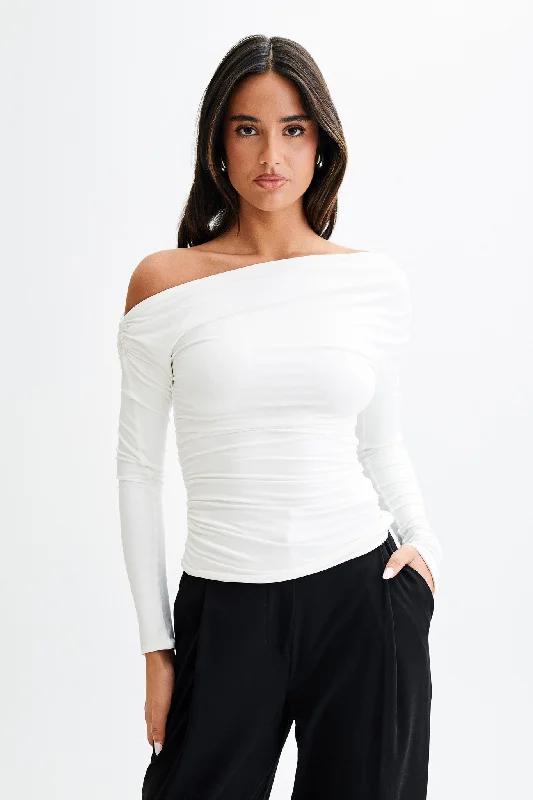 Alayna Long Sleeve Recycled Nylon Ruched Top - White Vintage Women's 1970S 