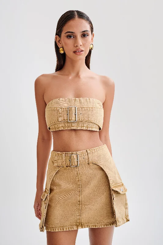 Rowena Denim Buckle Bandeau - Tan Acid Wash Streetwear Style for 