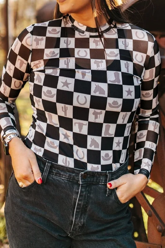 Checkered Mock Neck Long Sleeve Top Sharp Women's Italian