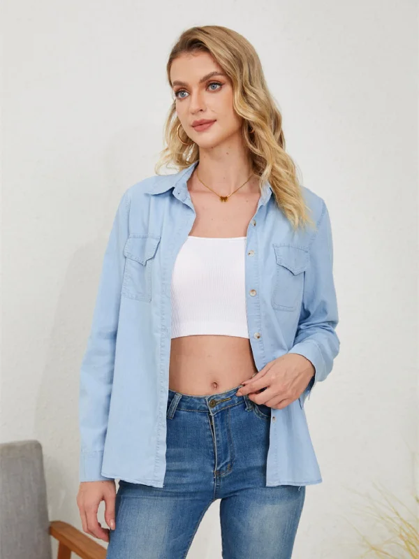 Pocketed Button Up Long Sleeve Denim Shirt Disco