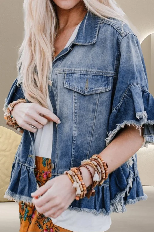 Ruffled Raw Hem Half Sleeve Denim Top Trendy Women's Oversized