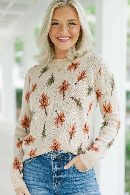 Take A Moment Taupe Leaf Print Sweater Sophisticated Women's Tailored