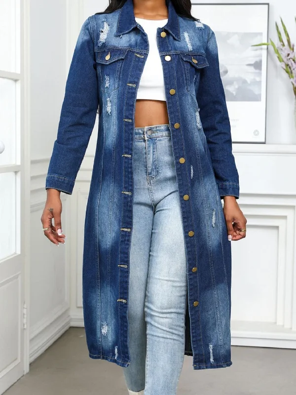 Distressed Button Up Collared Neck Denim Top Youthful Women's Pop