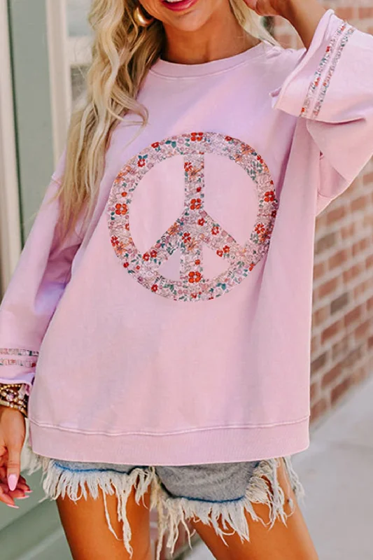 Peace Patch Round Neck Long Sleeve Top Sleek Women's Metallic