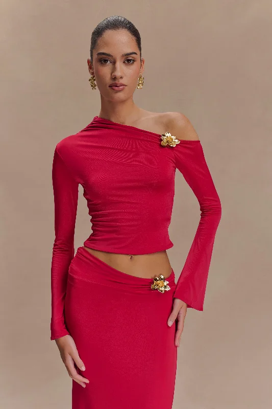 Ainsley Asymmetrical Long Sleeve Top With Floral Hardware - Fuchsia Pink Sporty Women's Tennis Ainsley Asymmetrical Long Sleeve Top With Floral Hardware - Fuchsia Pink Sporty Women's Tennis