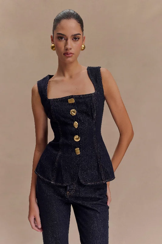 Neve Sleeveless Buttoned Denim Top - Washed Indigo Blue Classic Women's Pin - striped