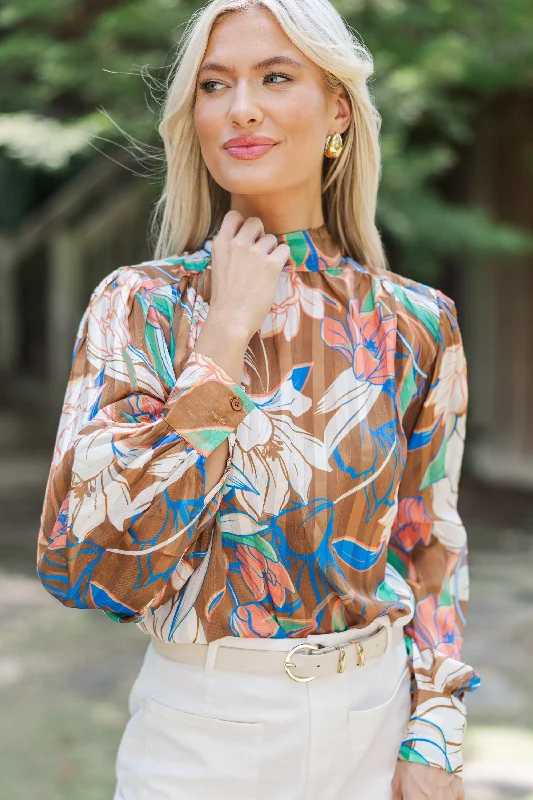 Think It Through Brown Floral Blouse Youthful Women's Pop