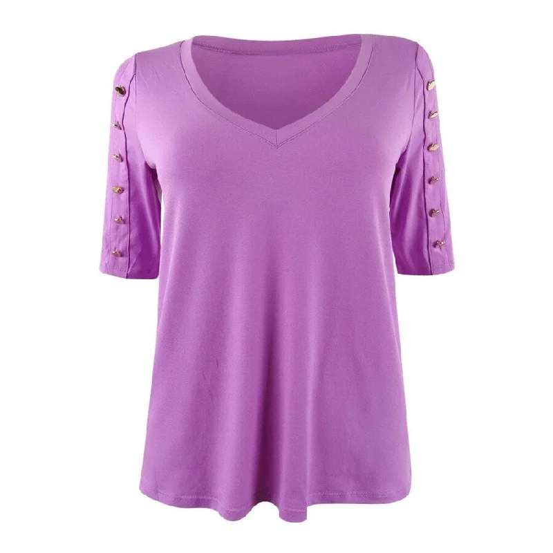 Thalia Sodi Women's Button-Sleeve V-Neck Top (XS, Bright Mauve) Refined Women's Classic 