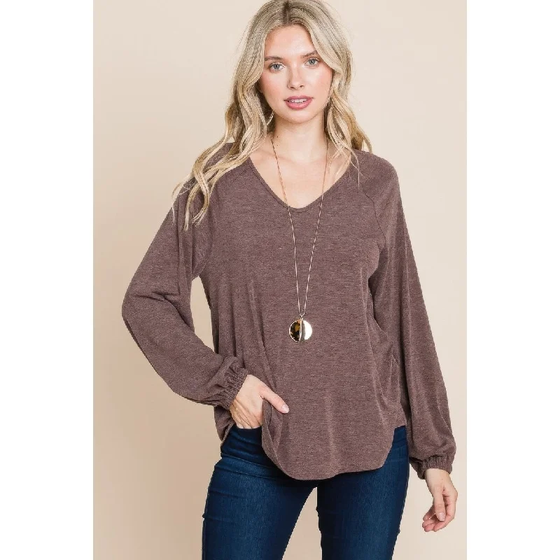 Casual V Neck Basic Long Sleeve Top Monochromatic Office Style
