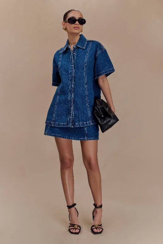 Maya Oversized Denim Shirt - Dark Blue Geometric