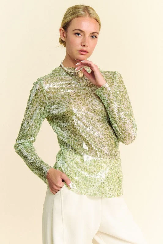 Davi & Dani Sequin Mock Neck Long Sleeve Mesh Top Trendy Women's Oversized