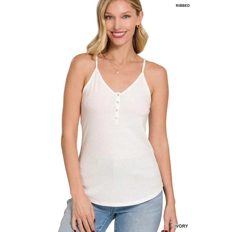 Ribbed Half Snap Button Closure Cami Top Unique Women's Upcycled
