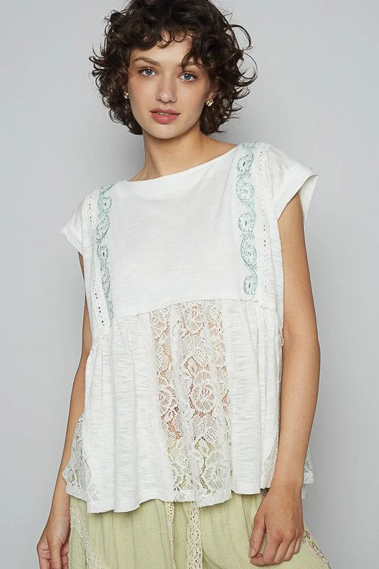 Embroidered Detail Boat Neck Cap Sleeve Lace Blouse Vacation