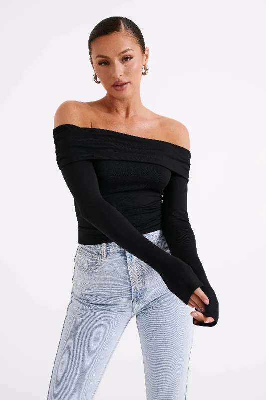 Lucinda Recycled Nylon Off Shoulder Top - Black Preppy Women's College