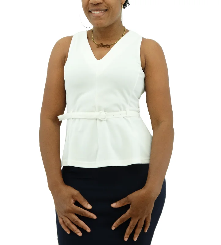 4121MISS3309B, Ezra - Women's Belted Sleeveless Top - Off White French