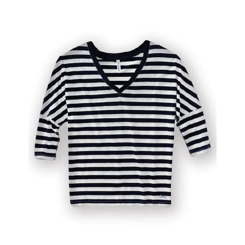 Aeropostale Womens V-Neck Stripe 3/4 Sleeve Graphic T-Shirt Relaxed Women's Beachy