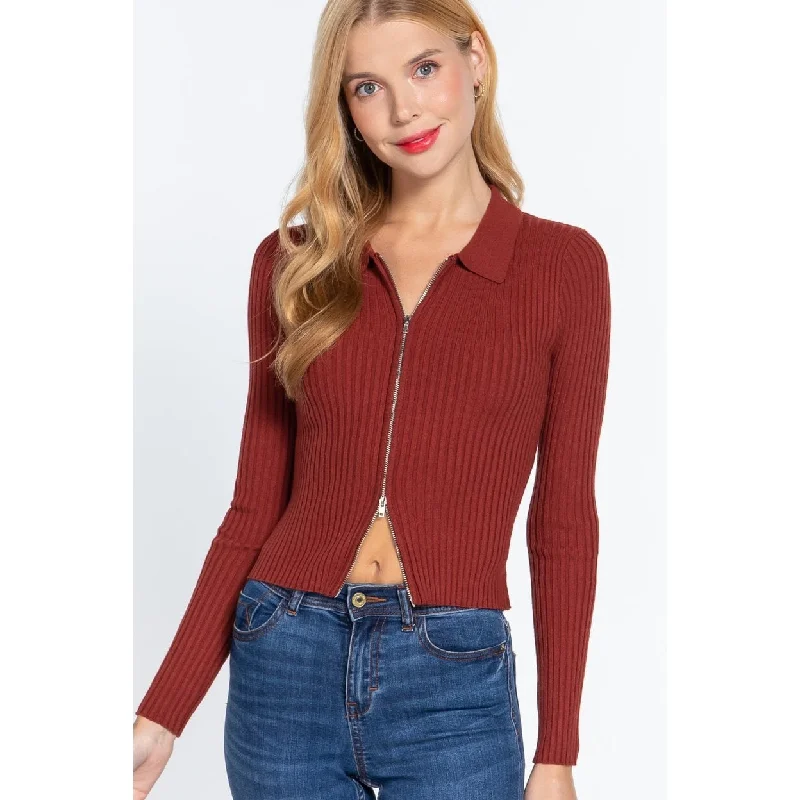 Notched Collar Zippered Sweater European