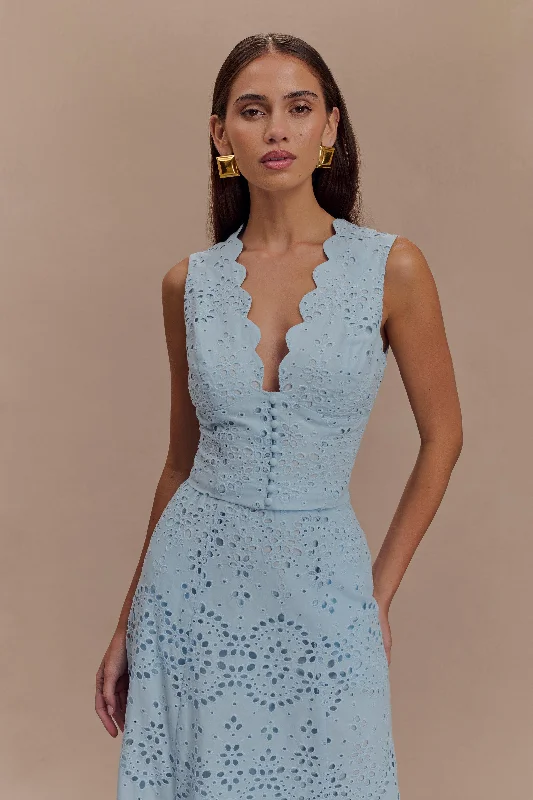 Arla Sleeveless Broderie Top - Pale Cornflower Blue Traditional Women's 