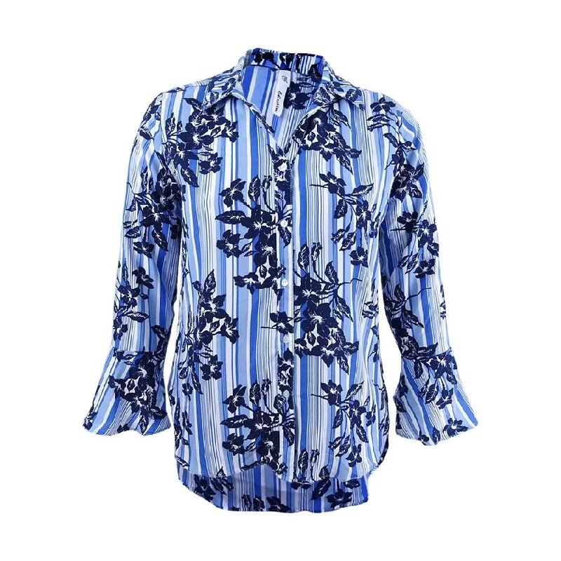 NY Collection Women's Bell-Sleeve Blouse (L, Blue Line Bouquet) Vintage Women's 1970S 