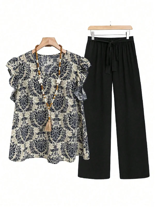 Printed Ruffled Cap Sleeve Top and Pants Set British Gentlewoman Style