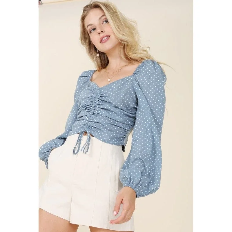 Ruched Polka Dot Crop Top With Puff Sleeves Dynamic Women's High - energy