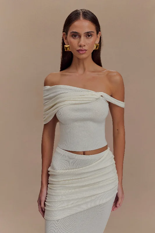 Irene Gathered Knit Top - Ivory Elegant Women's Formal 