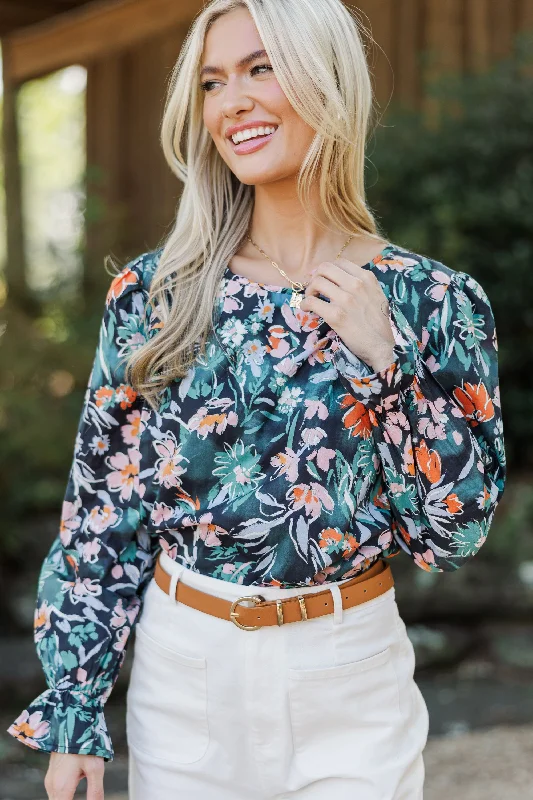 Waiting For You Navy Floral Blouse Sleek Women's Metallic