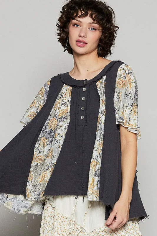 Frayed Hem Half Button Short Sleeve Printed Blouse Cool Women's Skate