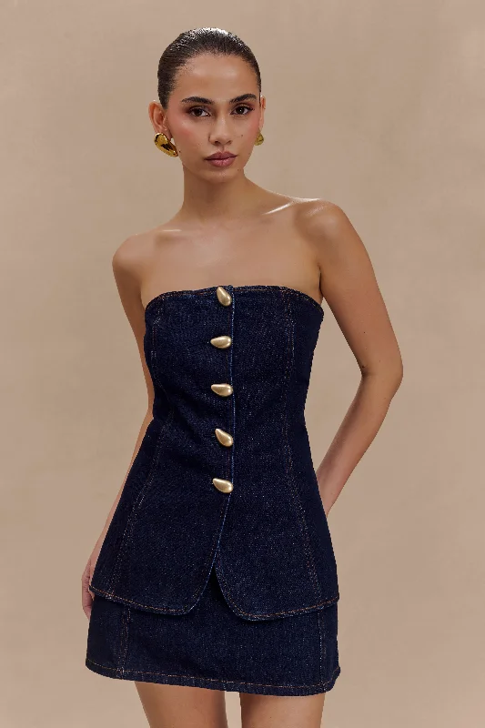 Lennox Strapless Long Line Button Top - Indigo Blue French