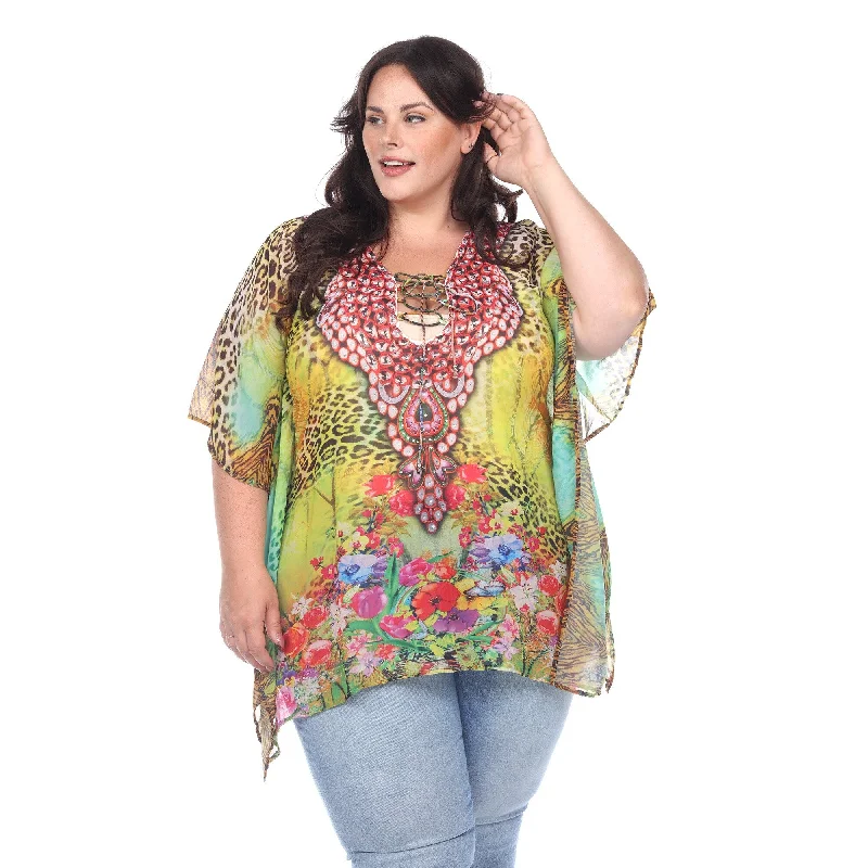White Mark Animal Print Caftan Tunic TieUp Neckline One Size Fits Most Laid - back Women's Style