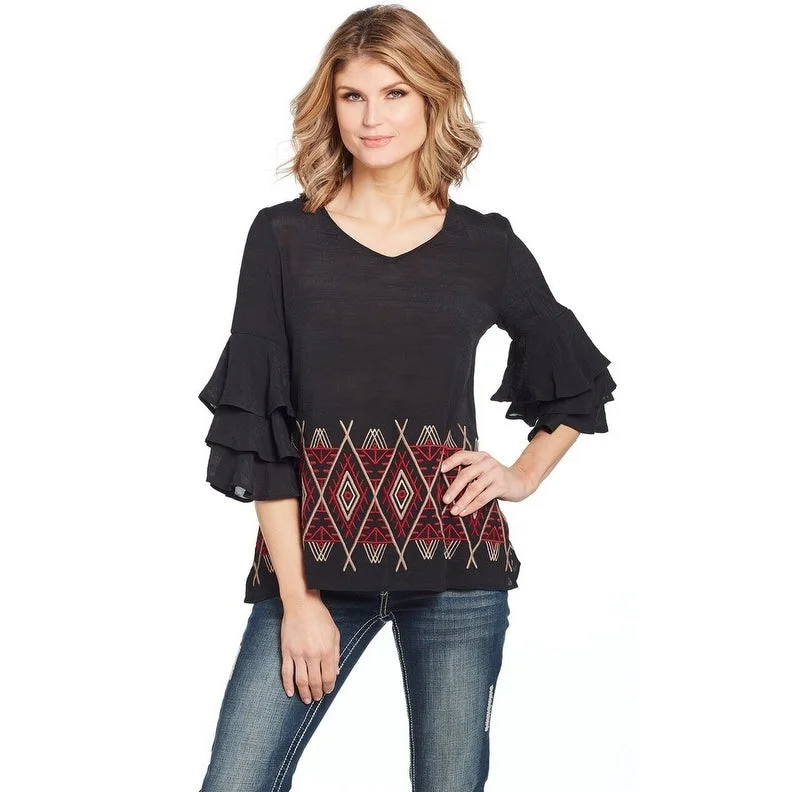 Cowgirl Up Western Shirt Womens 3/4 Geometric Ruffle Black CG01002 Adventure