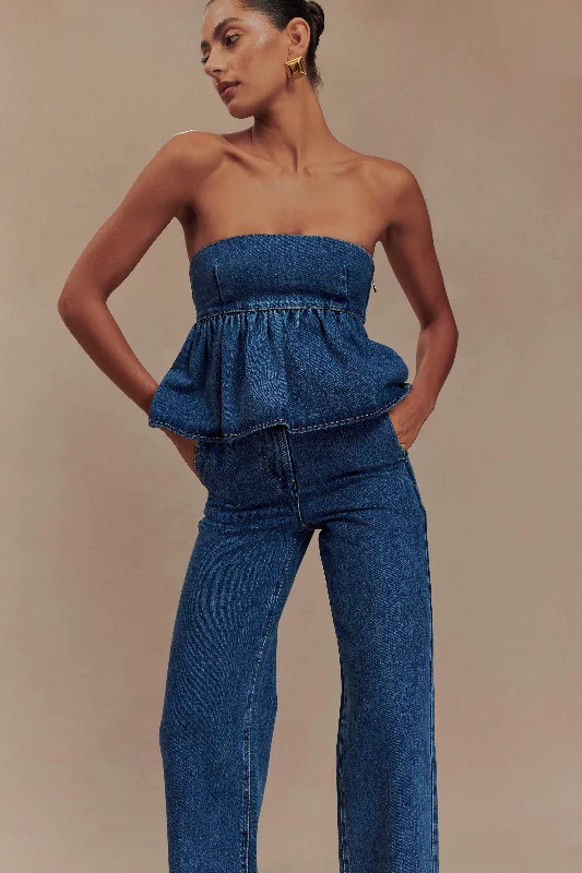 Pauline Strapless Denim Top - 90'S Blue Trendy Women's Oversized