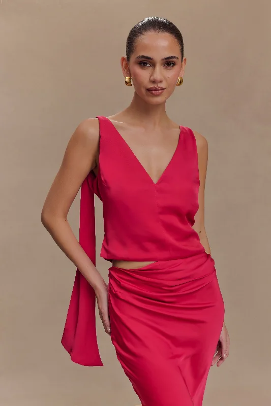 Nicola Satin Tie Sleeveless Top - Pink Cherry Cool Women's Distressed